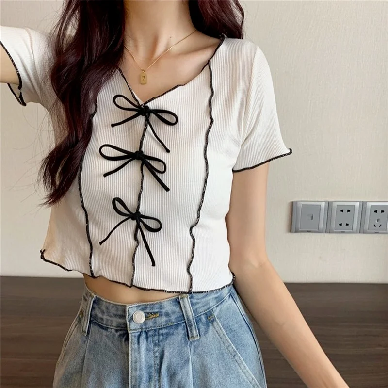 

Japan Style Cute Women Fashion V-neck Summer Short Tops Bow Short Sleeve Slim T-shirts Sweet Female Casual Tshirt Streetwear Pop