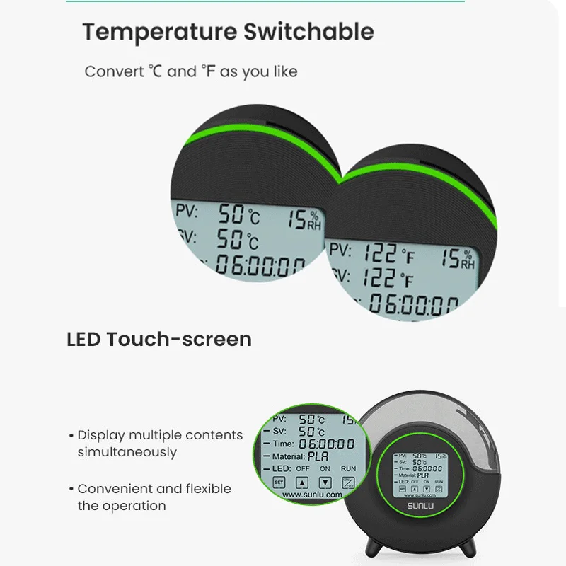 Сушилка для наполнителя SUNLU S2 сушилка до 70 ℃ нагрев 360 ° равномерная сушка с