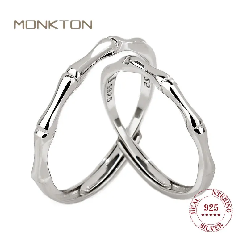 

Серебряные парные кольца Monkton 925 пробы, открытое регулируемое обручальное кольцо с бамбуковыми соединениями, ювелирные изделия из драгоценных камней