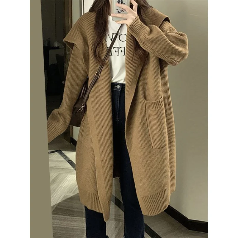 

Japanese And Korean Style Casual Large Lapel Mid-Length Sweater New Size Women'S Knitted Cardigan