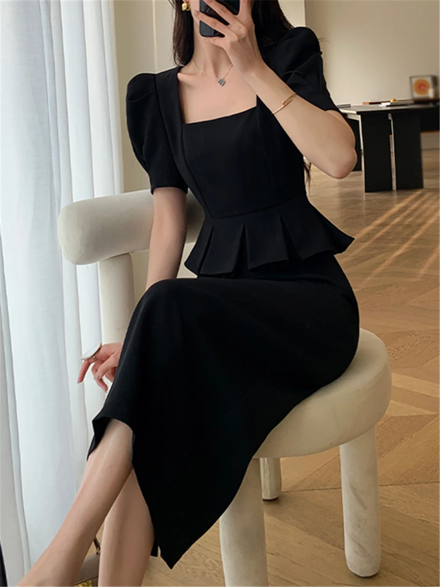 

Fake Two Pieces Sets Dress Elegant Fashion Square Collar Ladies Summer 2023 New Puff Sleeve Korean Slim Female Package Hip Dress