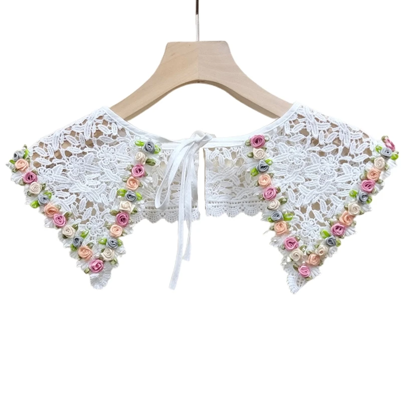 

Women Detachable Fake Collar Shawl Sweet Multicolor 3D Rose Flower Trim Scarf Necklace Hollow Out Embroidery Lace Cape