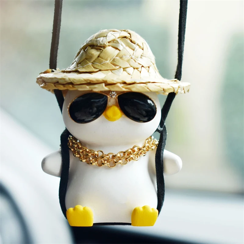 

Car Interior Decoration Pendant Piggy Duck With Glasses Gold Chain Rearview Mirror Pendant For Car Products Interior Accessories