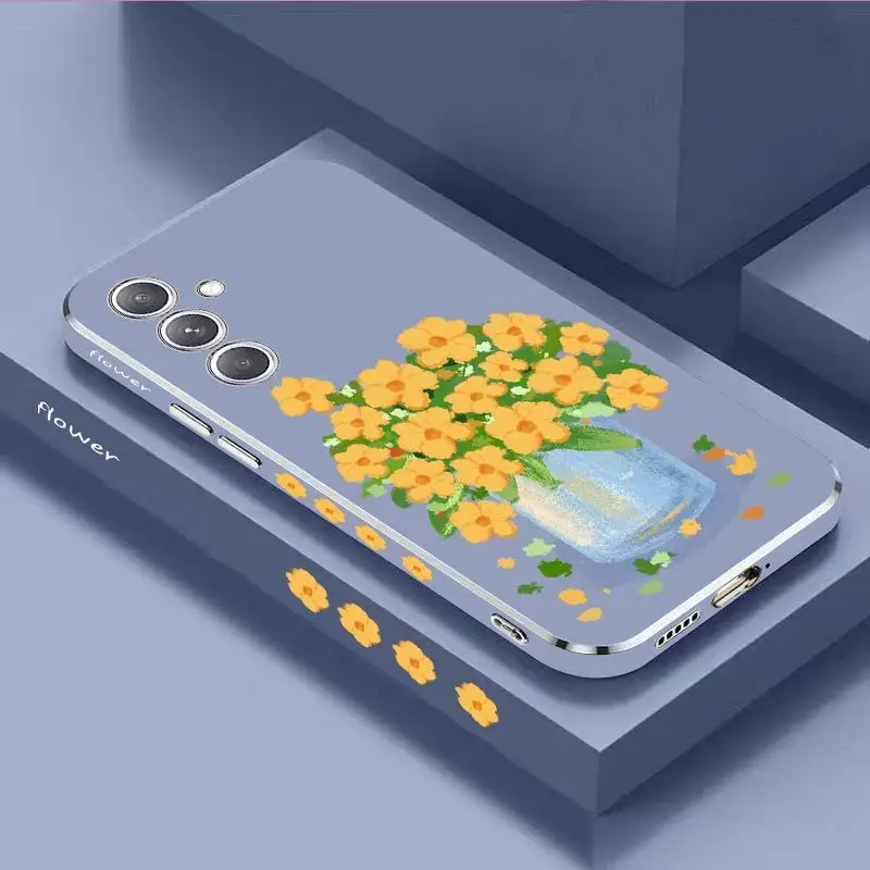 Oil Painting Flower Luxury Plating Phone Case For Samsung Galaxy A54 A34 A24 A73 A53 A52 A52S A04S A04E A72 Cover