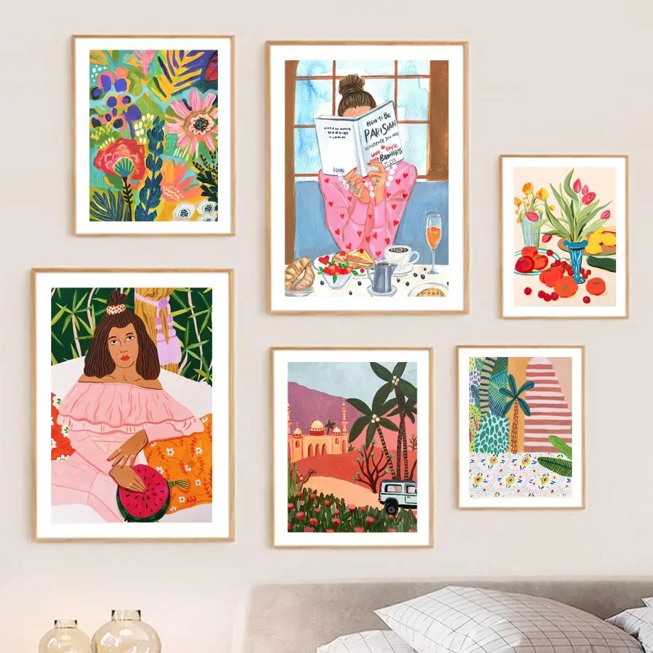 Модная девушка тропический цветок ваза фрукты Марокко настенная Картина на