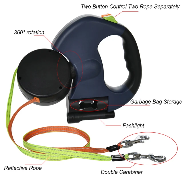 3m Dual Dog Leash Auto Retractable LED Light Traction Ropes For 2 Small Dogs Cats Walking Running Training Travel Pet Supplies 3