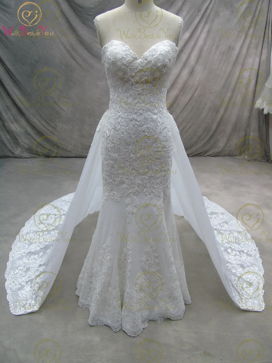 

100% Real Mermaid Wedding Dresses Elegant Women Bride Gowns 2022 Removable Train Sweetheart Strapless Lace Appliques Beaded