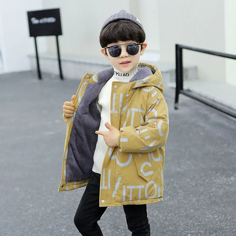 

2022 Winter New Kids Boys Print Jacket Casual Cotton-padded Thick Coat Children Clothes Fashion Hooded Warm Long Outerwear C33