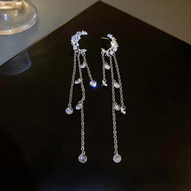 

European and American pearl zircon moon tassel earrings fashion creative design earrings temperament trend silver needle earring