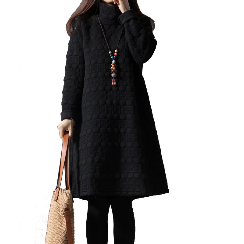 

2021 New Fall Winter Casual Turtleneck Loose M-2XL Black Grey Dresses Women Dot Print Thick Warm Long Sleeve Vestido Plus Size