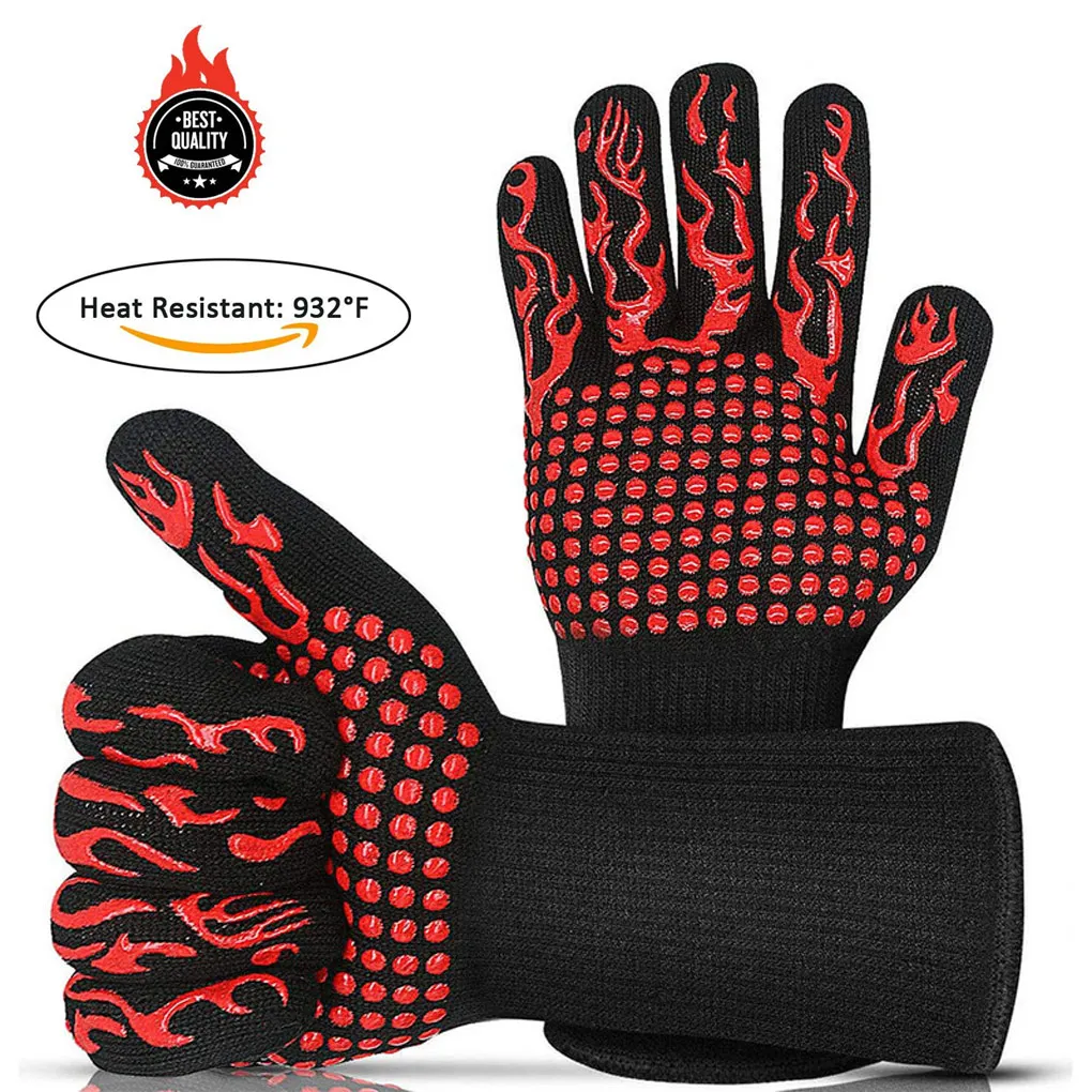 

1 Pair Gloves Heat Resistant Oven Mitts Hanging Elastic Space-saving Barbecue Glove Kitchen Baking for Grilling Roasting Frying