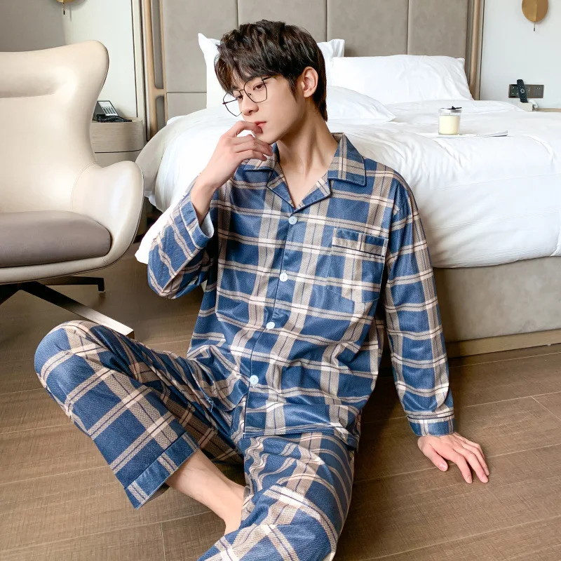 2022 New Men's Pajamas Spring and Autumn Long-sleeved Trousers Cardigan Pajamas Thin Cotton Spring and Summer Homewear Suit