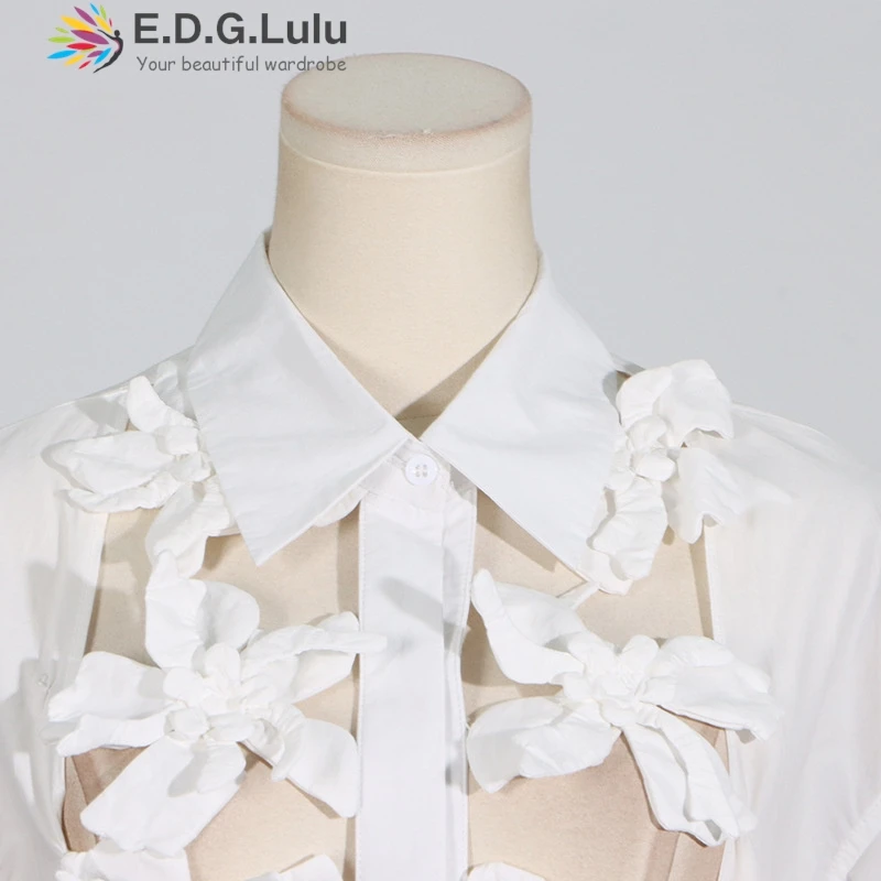 EDGLuLu белая блузка с отложным воротником и длинными рукавами женская однобортная