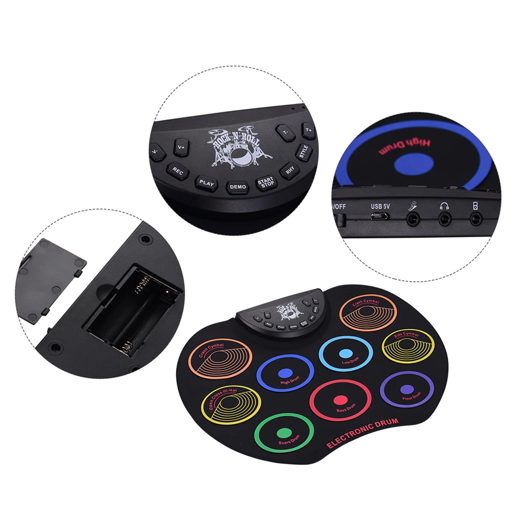 

Portable Size Electronic Drum Kit 9 Silicon Drum Pads Folding Drum Set USB/Battery Powered with Drumsticks Foot Pedal percussion