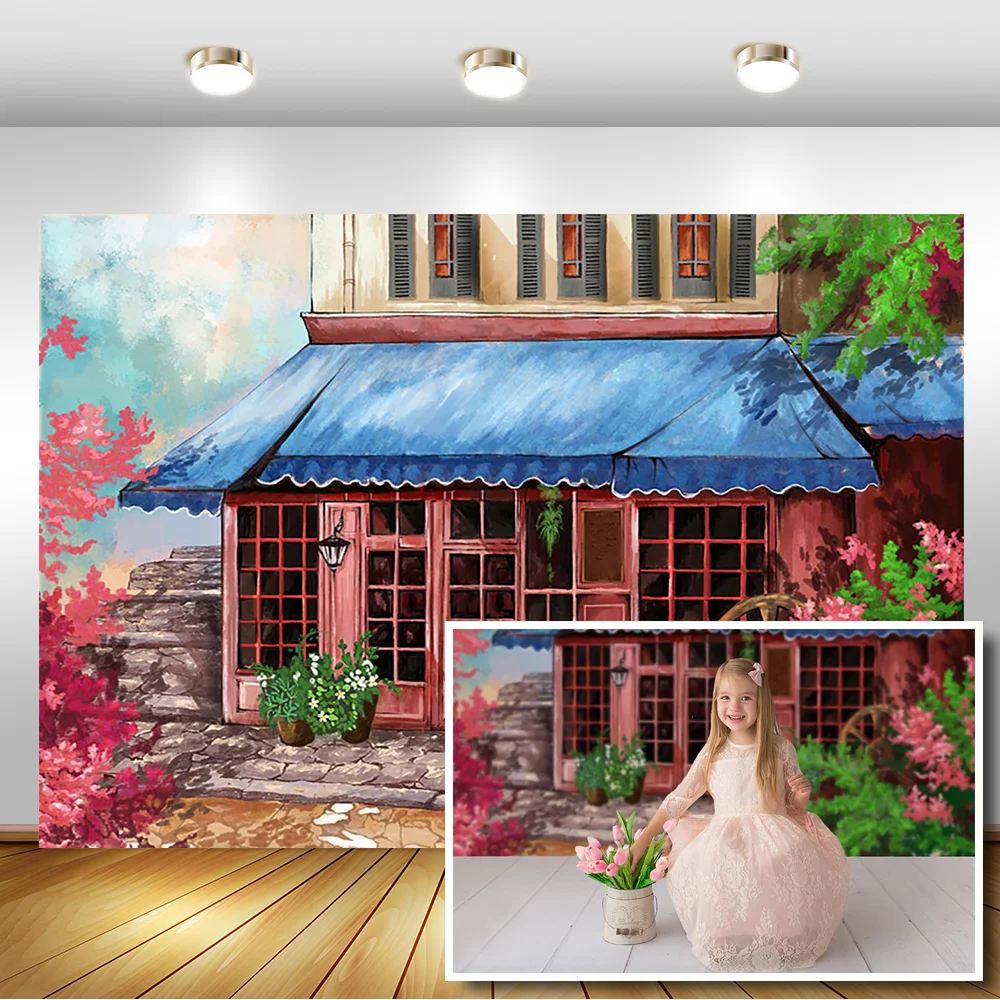 Комический стиль красный дом фон для фотосъемки новорожденного ребенка на день