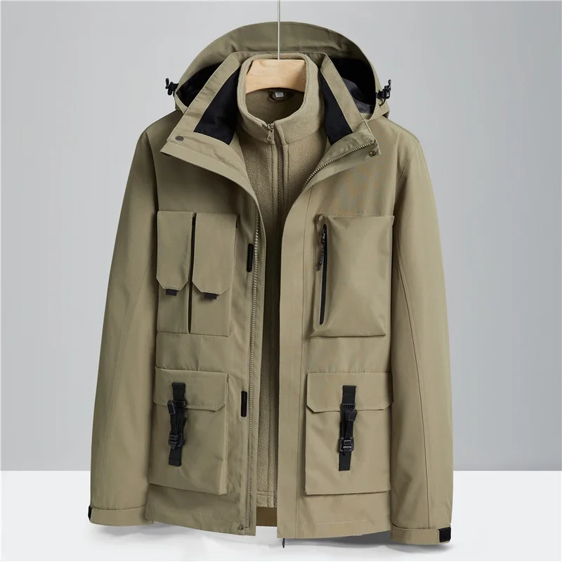 Couple's Three-in-one Detachable Jacket Outdoor Waterproof  Windproof Mountaineering Clothing Multi-pocket Tooling Warm Jacket