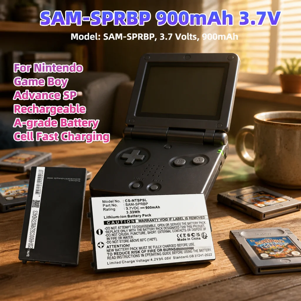 Фото Аккумулятор SAM-SPRBP 3.7V 900mAh класса А, высокой емкости, совместимый с игровой консолью Nintendo GBA SP, быстрая зарядка, перезаряжаемый элемент питания №1