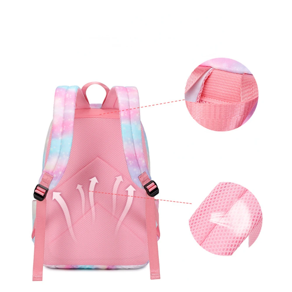 3 Pcs Rainbow Unicorn Schoolbag for Primary and Secondary School Students Large-capacity Backpack, Rice Bag, Pencil Case Set