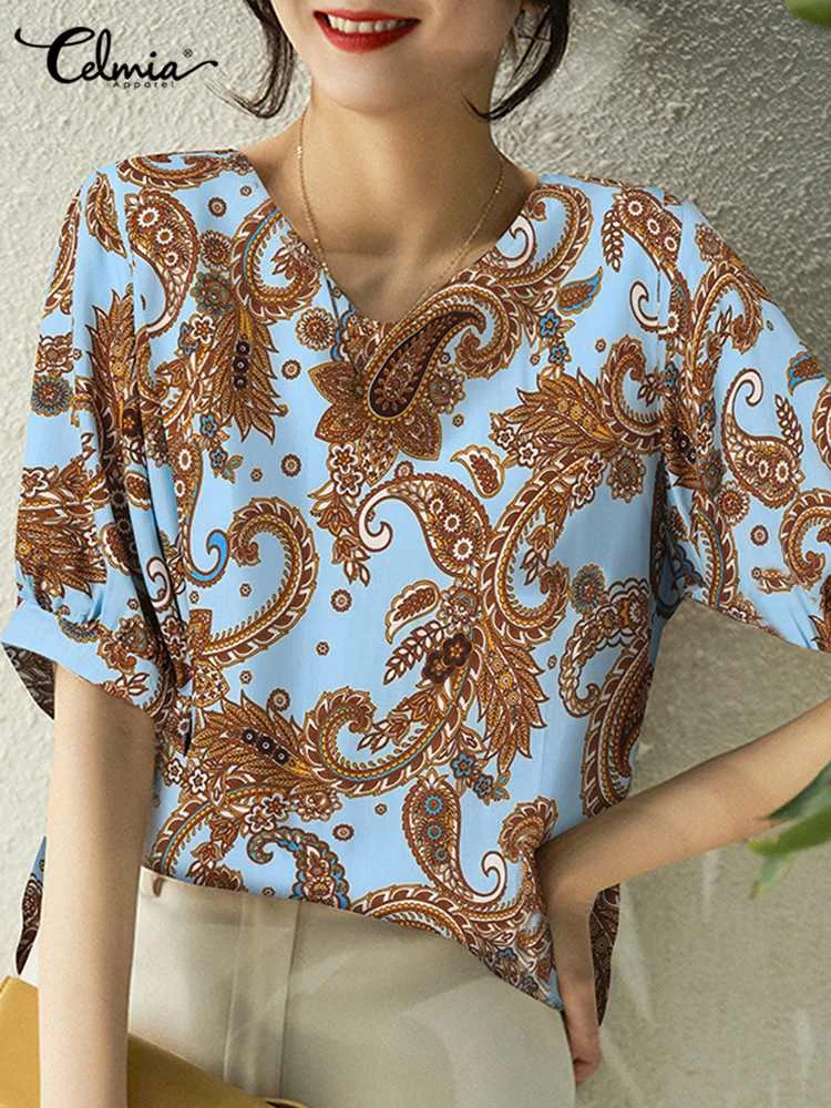 

Celmia Lady Summer Oversize Tunic Women Vintage Korean Blusas Fashion Plant Printed Blouses Casual O Neck Puff Short Sleeve Tops