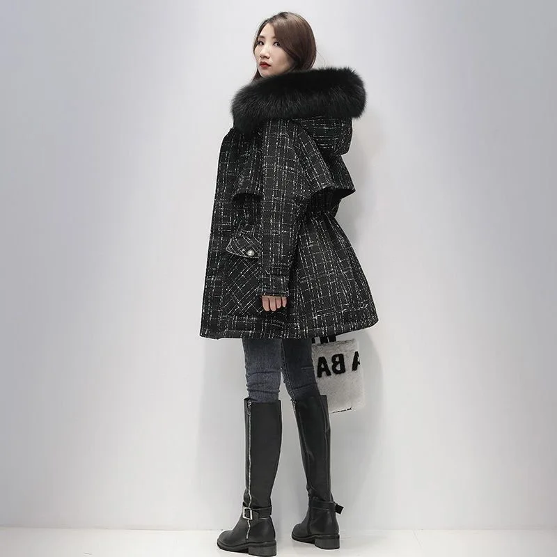 

Winter New Women Parka Down Jacket Design Sense Large Pocket Plus Velvet Warm Large Size Fur Collar Black Coat Female Clothing