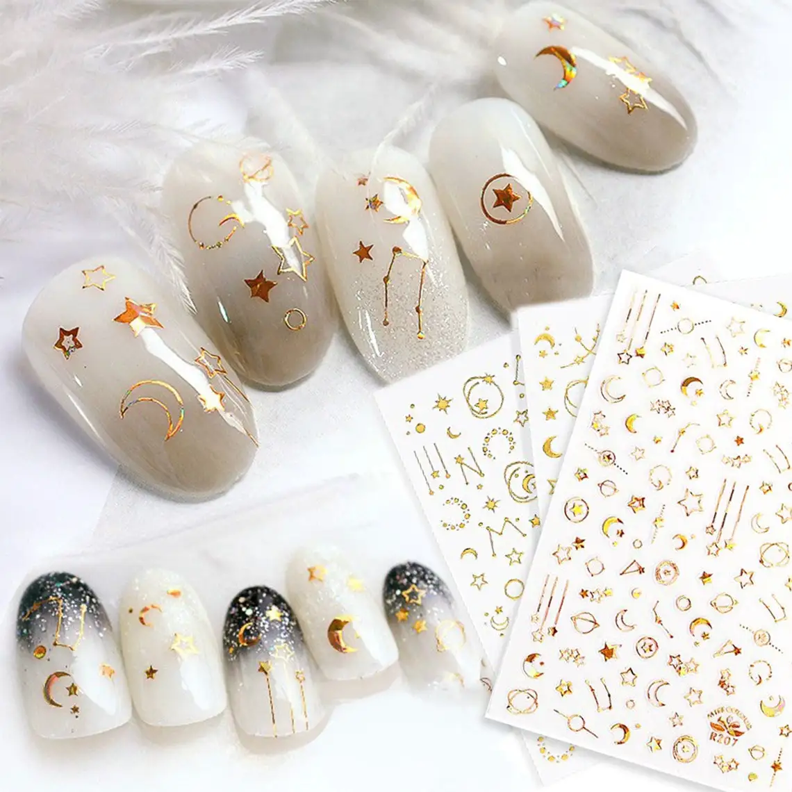 6 Sheets Gold Stars Moon Nail Art Stickers | 3D Laser Gold Constellation Celestial Zodiac Nails | Self Adhesive Nail Decals