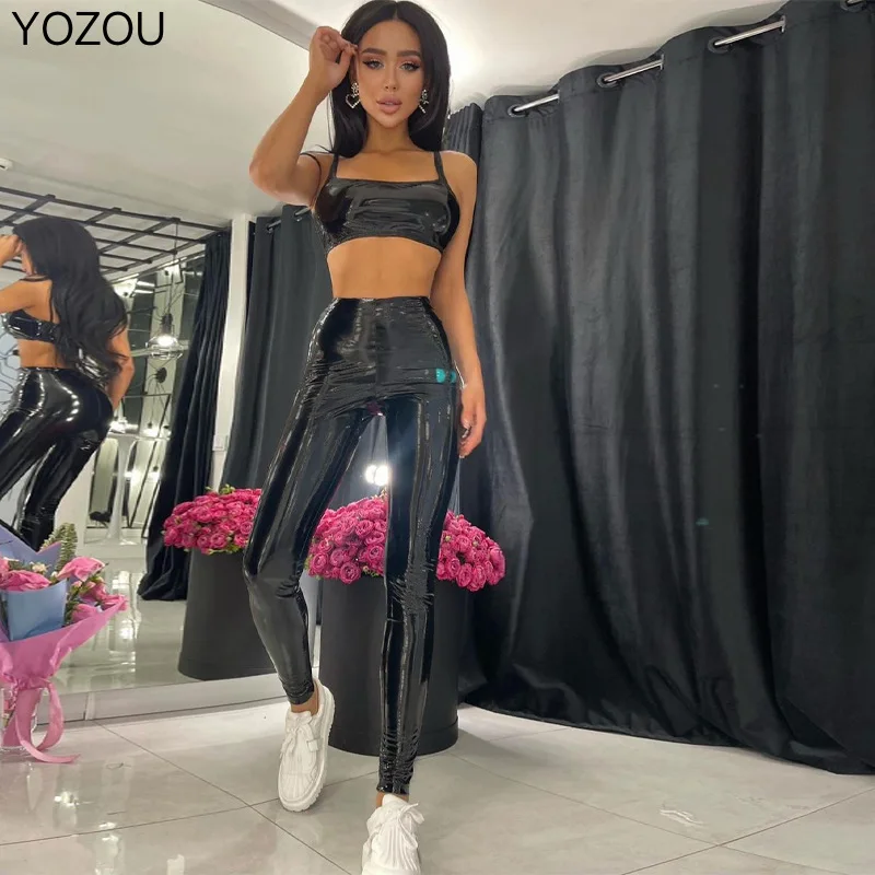 

YOZOU 2022 Summer Black Two Pieces Set Pant Sets Crop Camis Top Sleeveless Long Pant Pu Sexy Fitness Sport Outfits Tracksuit