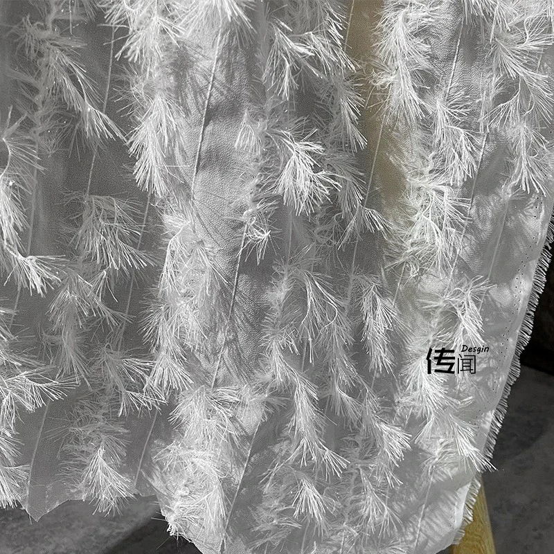 

White Lace Jacquard Fabric Tassel Feather Hollow Decoration Clothing Designer Cloth Diy Sewing By Meters Polyester Material