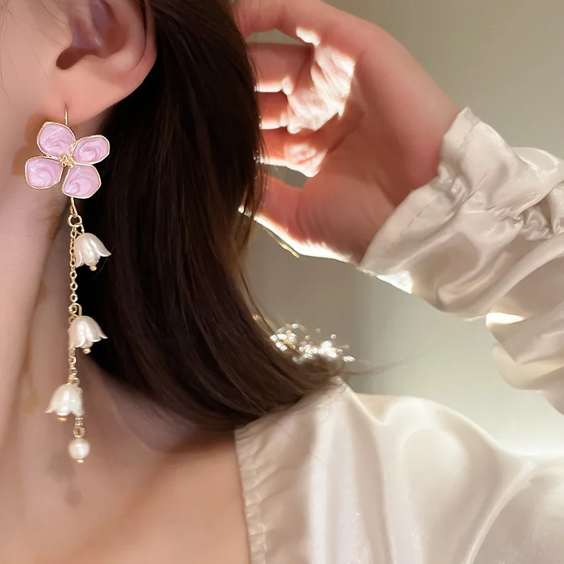 

Enamel Pink Flower Women Earrings White Acrylic Lily Of The Valley Tassel Jewelry With Pearls Cute Gift Items