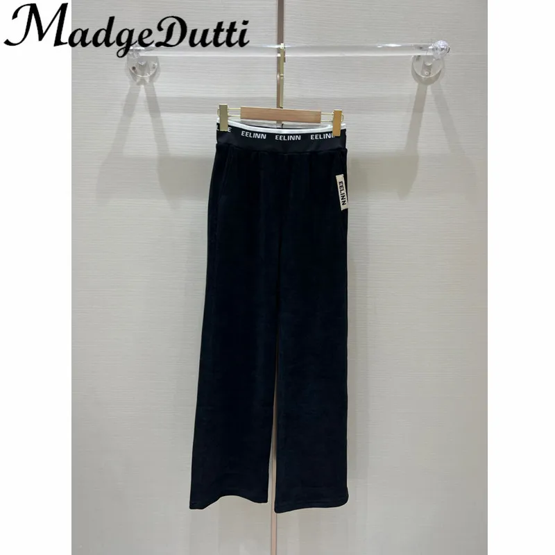 12.3 MadgeDutti Letter Print Elastic Waist Pockets Decoration Corduroy Straight Wide Leg Pants Women