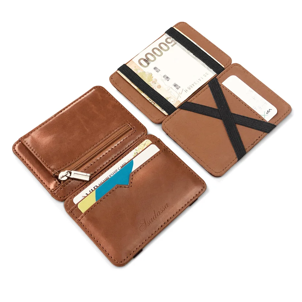 

Magic Carrier Color Leather Purse Holders Rubber Card Binding Pu Multiple Cash Big Capacity Pocket Wallet Coin Brown