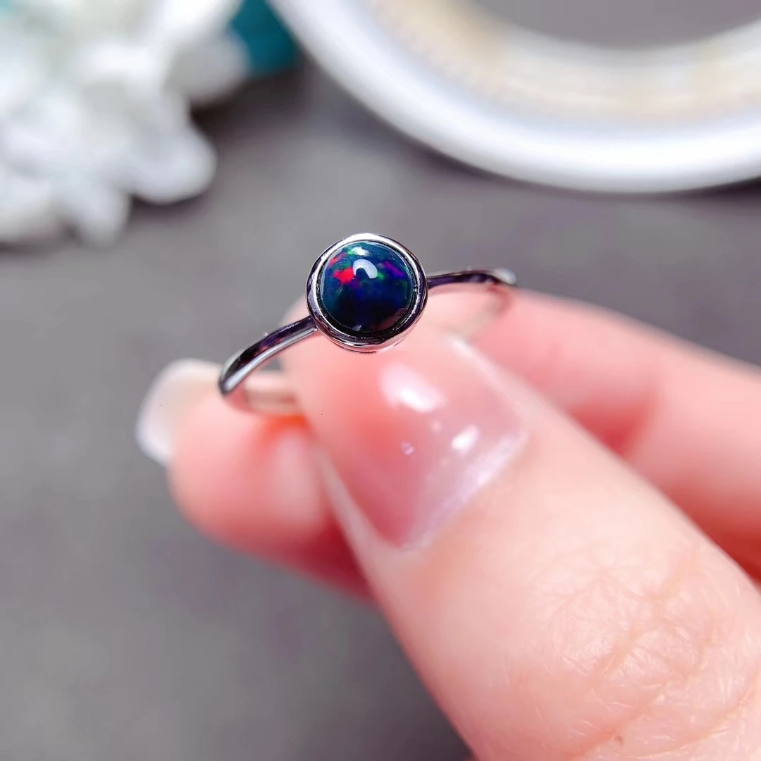 

Simple Cabochon Gemstone Ring 5mm Natural Black Opal Ring 18K Rose Gold Plating 925 Silver Opal Jewelry