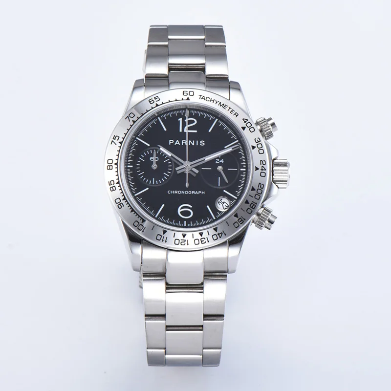 

Parnis 39mm Black Dial Quartz Chronograph Top Brand Luxury Waterproof Sapphire Crystal Men's Watch Calendar With Box Gift Clock