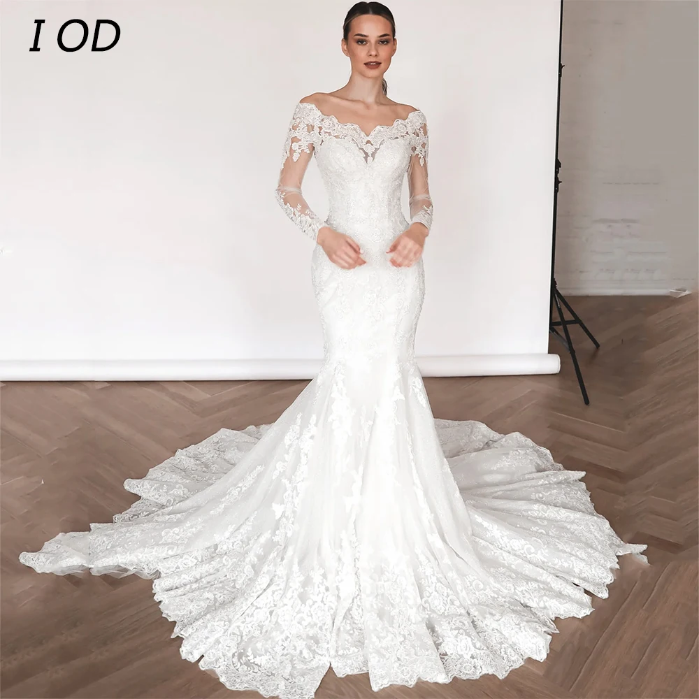 

I OD Elegant Mermaid Wedding Dress Sweetheart Off Shoulder Long Sleeves Lace Appliques Bridal Gown Button Vestidos De Novia New