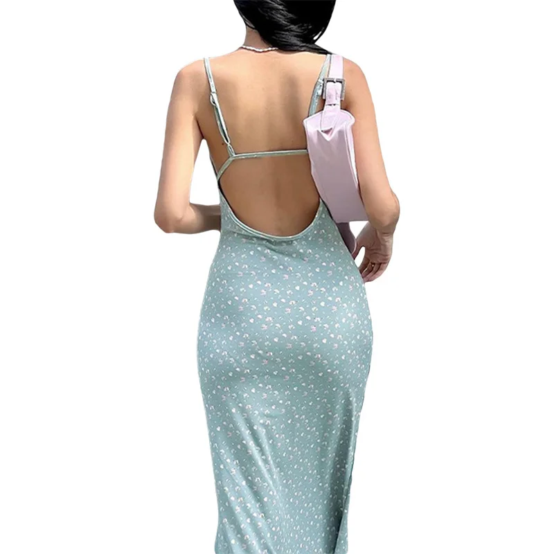 

Летнее платье Musuos на бретельках с цветочным принтом, голубое повседневное пляжное длинное облегающее платье без рукавов на бретельках с открытой спиной, уличная одежда