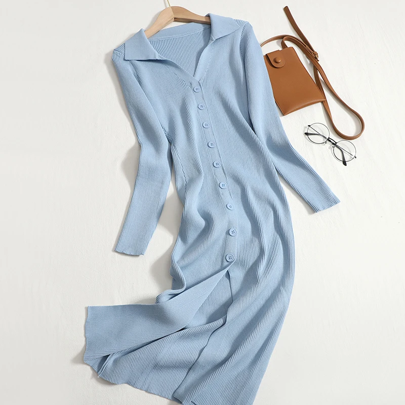 

Hikigawa Chic Fashion Women Autumn Solid Turn Down Collar Single Breasted Bottoming Dresses Slim Fit Elastic Knit Vestidos Mujer