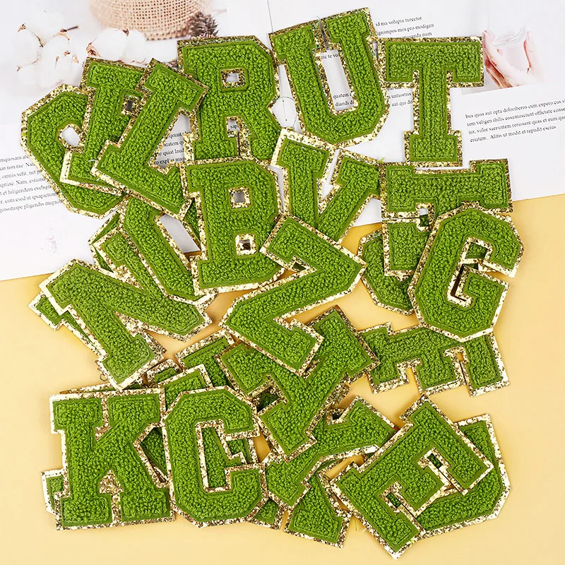 

Green Letters Sequins Patches Towel Embroidered Alphabet Felt Chenille Sew on Patch for DIY Accessories Applique Glitter A-Z 8CM