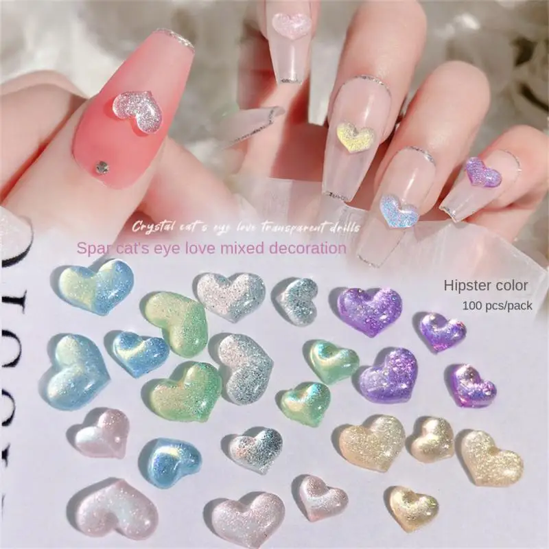 

100Pcs Heart Shape Aurora magic size mixed spring color fine sparkling pearlescent nail flat-bottomed jewelry drill Nail Art