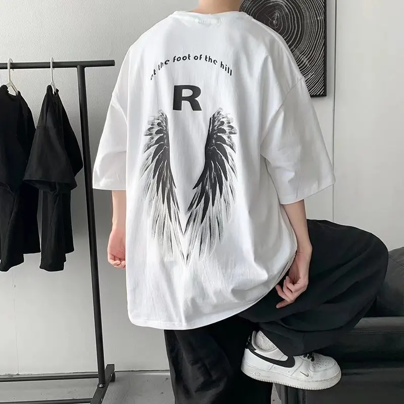 

Harajuku Wings Graffiti Printed T-shirt Men Women Japanese Style Summer Casual White Oversized T Shirt Short Sleeve Streetwear