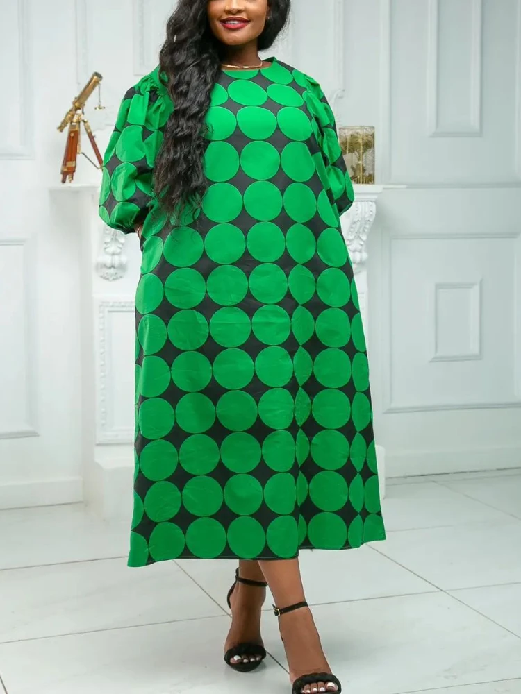 

Women Casual Loose Dot Printed Dress O Neck Short Sleeve Pocket Vintage Green Brown Daily Goingout Wear Large Size 2023 Summer