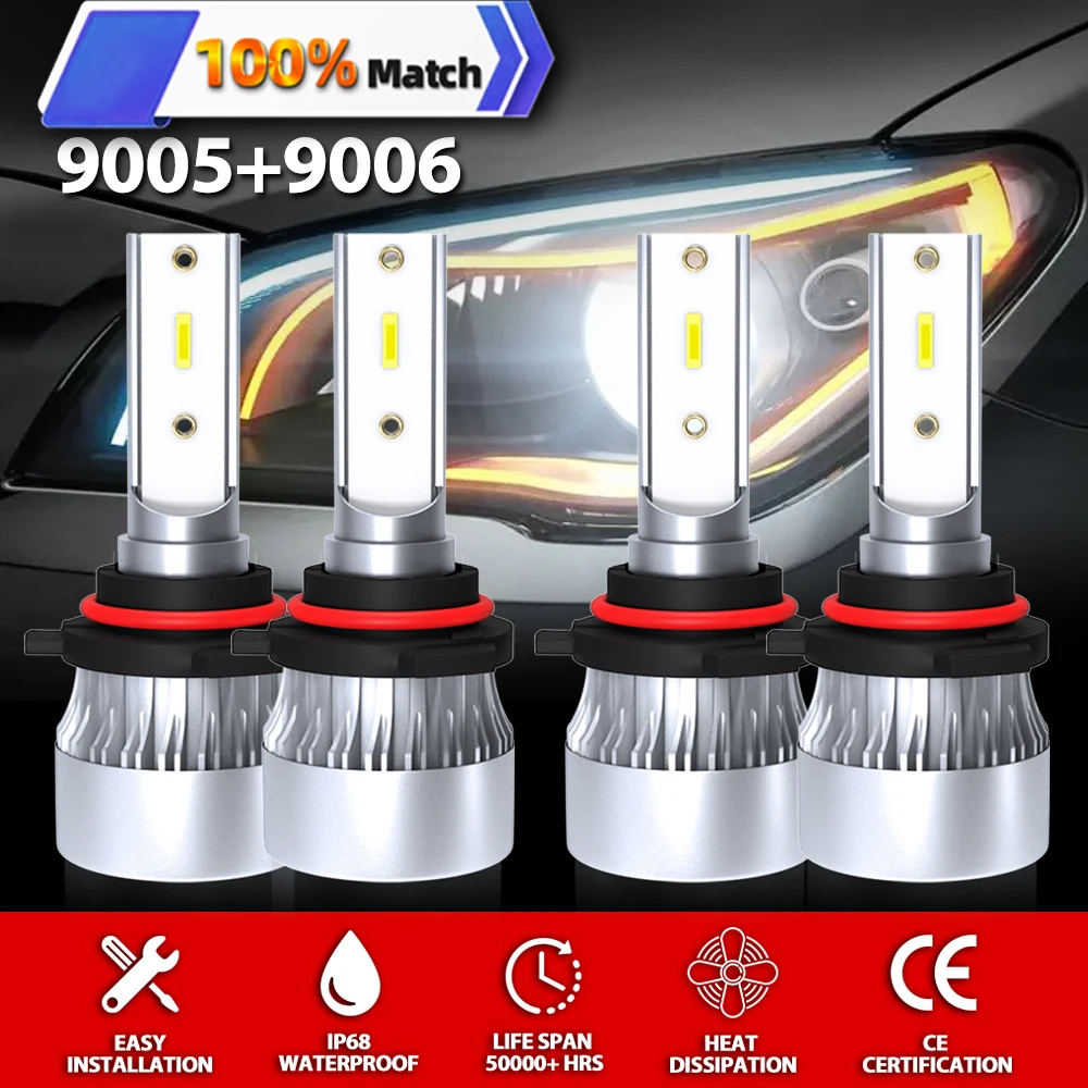 4PCS 240W 40000LM LED Canbus 9005 9006 HB3 HB4 Turbo Car Headlight Bulbs High Low Beam Auto Light 6000K White 12V No Error