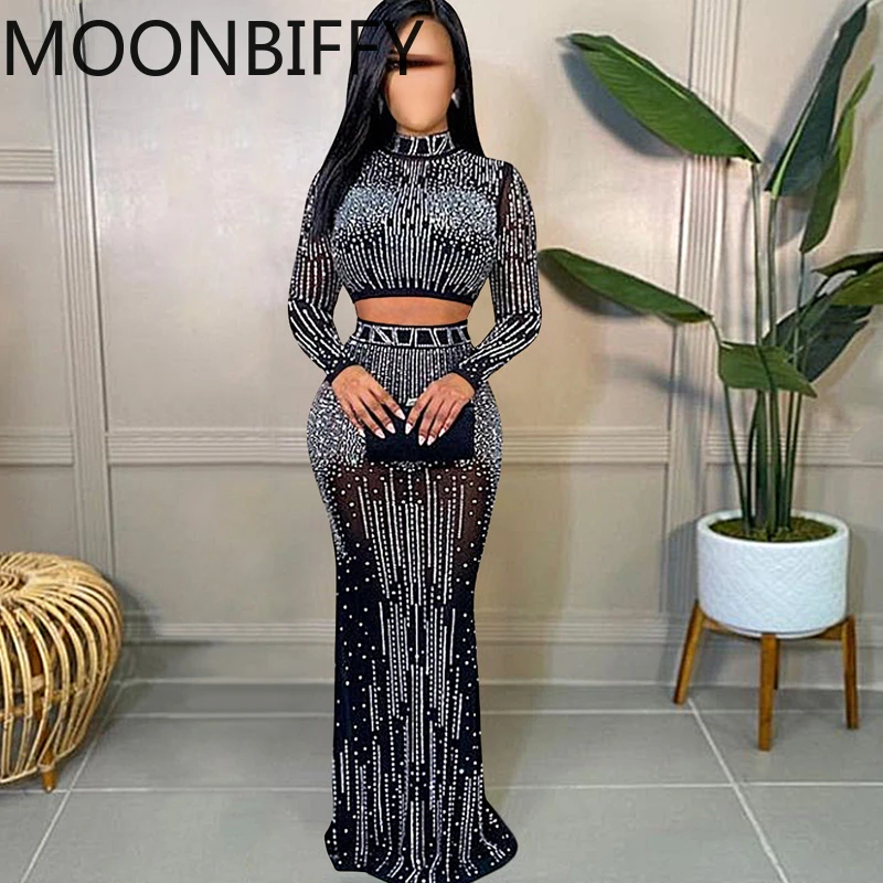 

2022 Newest Sexy Mesh Hot Drilling See Through Skirt Set Women Crystal Long Sleeve Top and Maxi Skirt Suits Clubwear Outfits