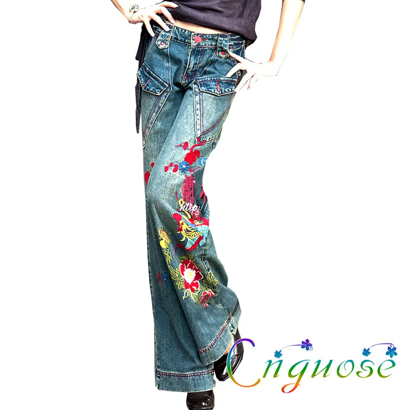 Female Clothing Casual Fashion Retro Vintage National Style Embroidery Straight Jeans Denim Wide Leg Pants Trousers Womens