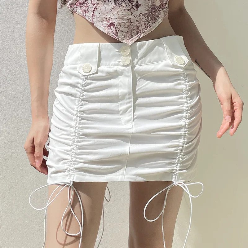 

Женская Повседневная короткая юбка, однотонная плиссированная юбка с декоративными пуговицами, на шнуровке, летняя мода Y2k