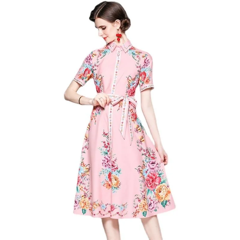 Женская футболка-поло с коротким рукавом и цветочным принтом до колена