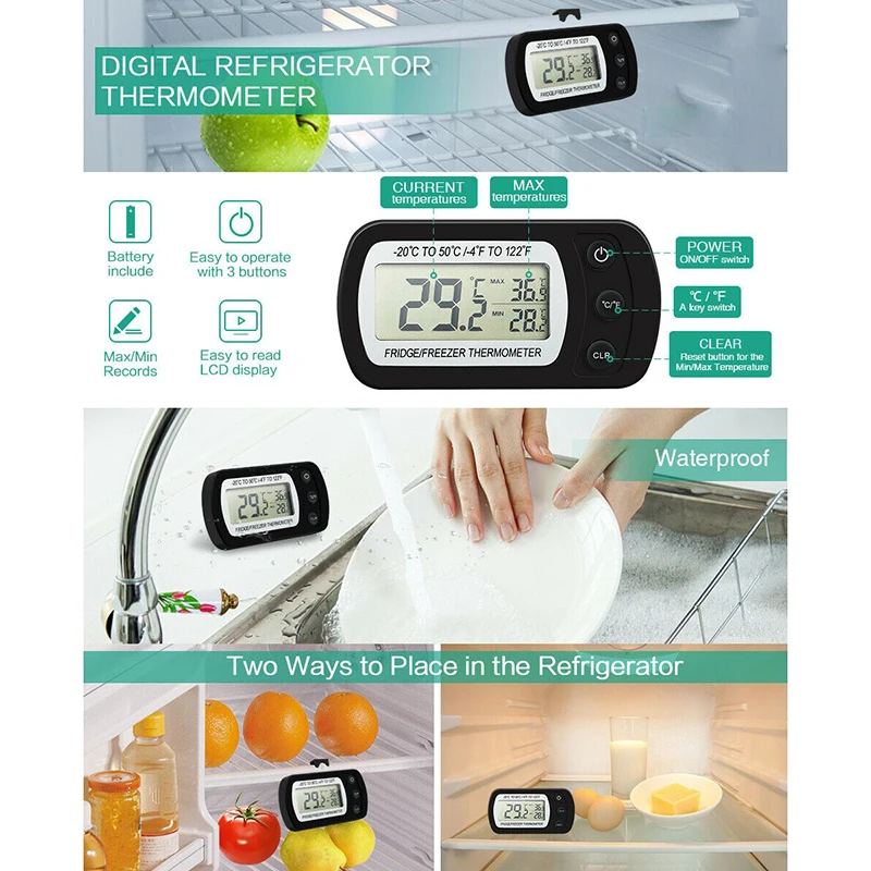 

Fridge Freezer Mini Electronic Thermometer Waterproof Hanging Digital Thermometer Kitchen Accessories Tools Lcd Household -20-50