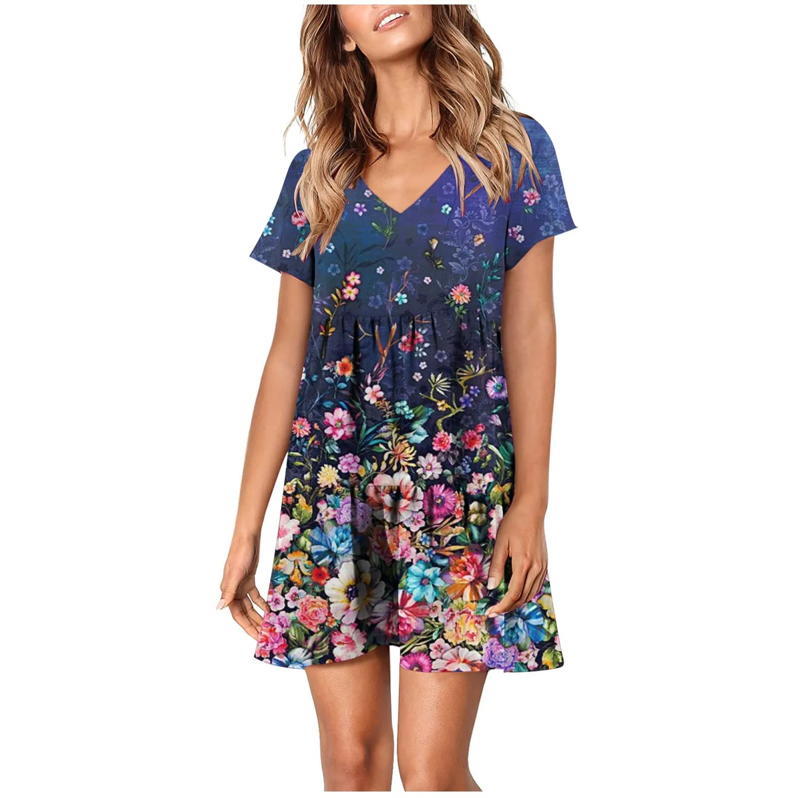 

Short Sleeve Summer Mini Dress New Floral Print Dress Women Elegant V Neck Pocket A-line Dress Party Dresses For Women New Robe
