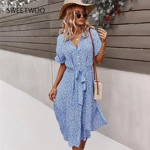 Spring Women Bandage Dress Summer 2022 New Casual Floral Print Beach Dress Vintage Button Holiday Ladies Chic Dresses Vestidos