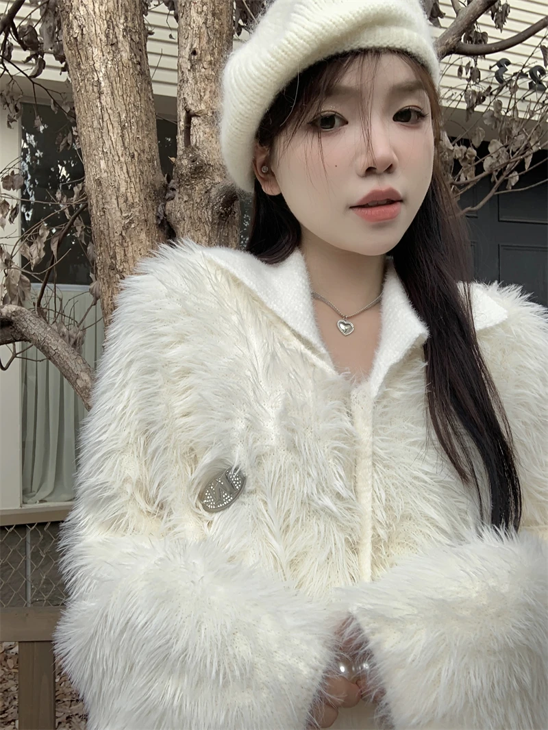 Soft Waxy Mink Fleece Sweater Women's Lazy Style Lapel Thickened Versatile Knitted Cardigan Coat Faux Fur Coat Jacket Teddy Y2k