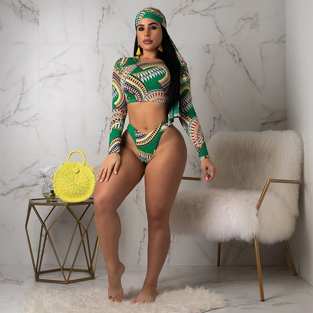

Printed Long Sleeve Bikini Women Swimwear Female Swimsuit Two-pieces Bikini Set Bather Bathing Suit Swim