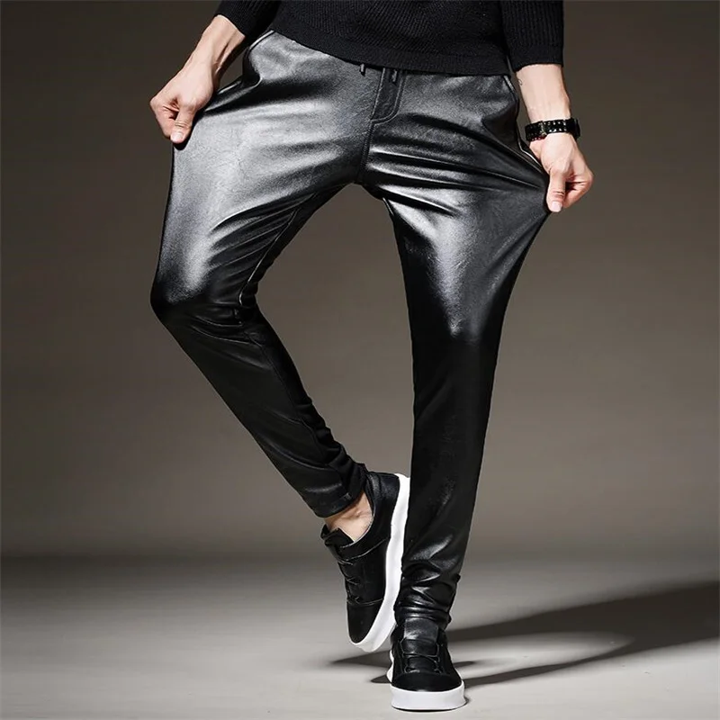 leather pants mens feet pants Elastic waist drawstring fashion motorcycle pu trousers for men personality pantalon homme black